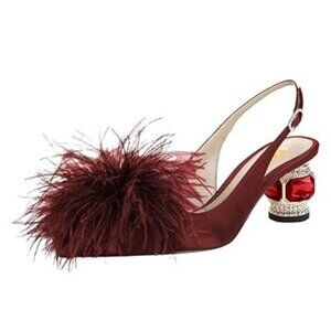 FSJ Women Fashion Fluffy Fur Closed Square Toe Slingback Pumps Crystal Block Low